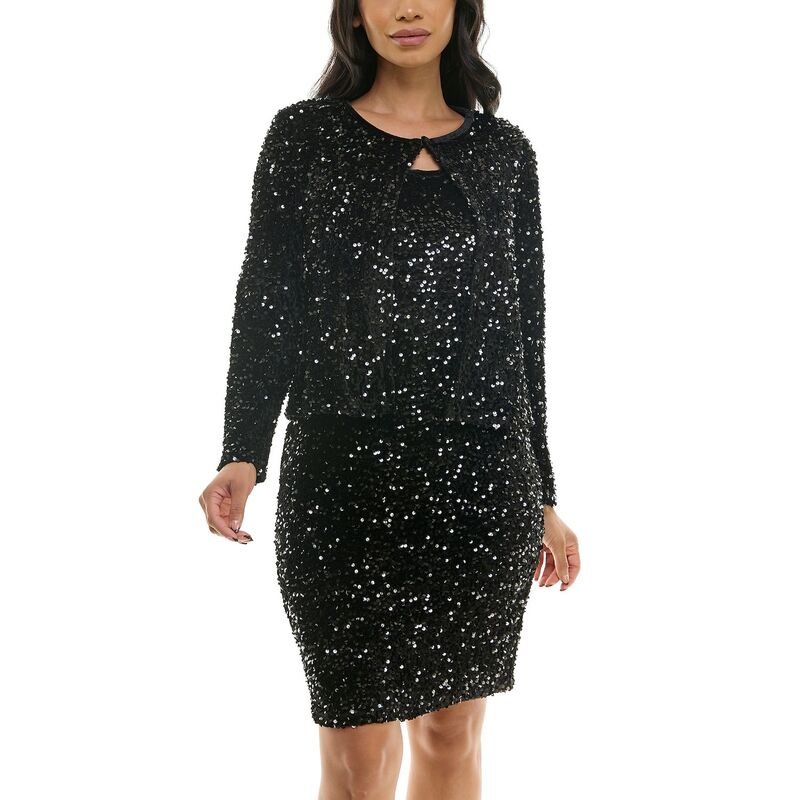 ニナレオナルド レディース トップス ワンピース メッシュ スパンコール カーディガン Women's Nina Leonard Sequin Mesh Cardigan & Sequin Sheath Dresset Black ブラック|ReVida 店