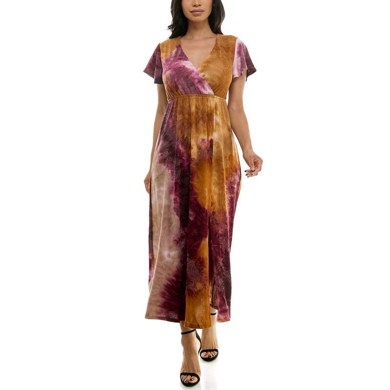 ニナレオナルド レディース トップス ワンピース Vネック プリント マキシ Women's Nina Leonard Tie Dye Print Flutter Sleeve V-Neck Maxi Dress Wine Rust Khaki ワイン
