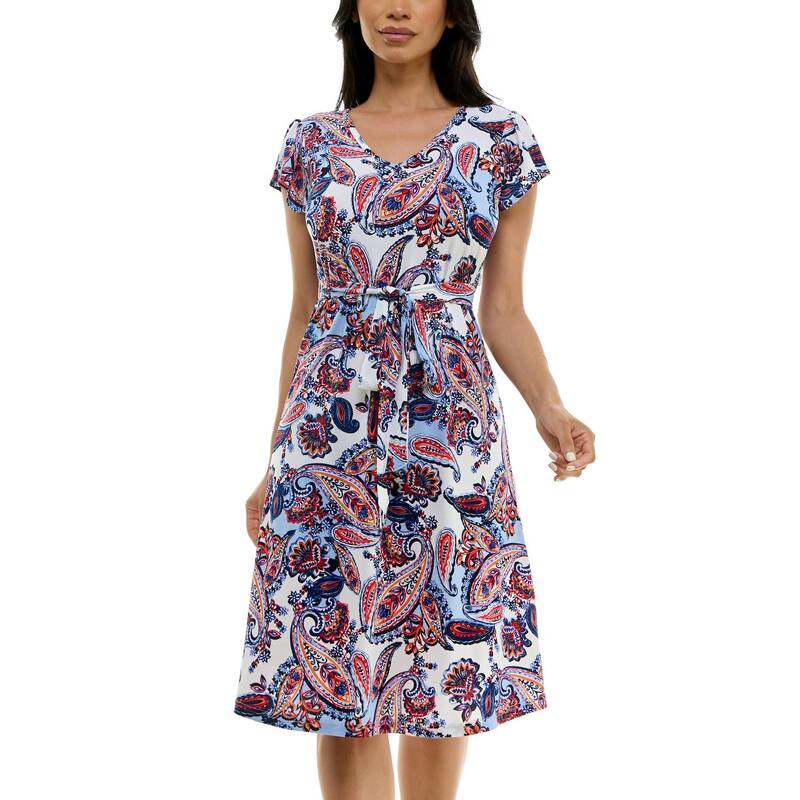 ニナレオナルド レディース トップス ワンピース Vネック キャップ Women Nina Leonard Cap Sleeve V-Neck Dress Blue Real Red Multi ブルー