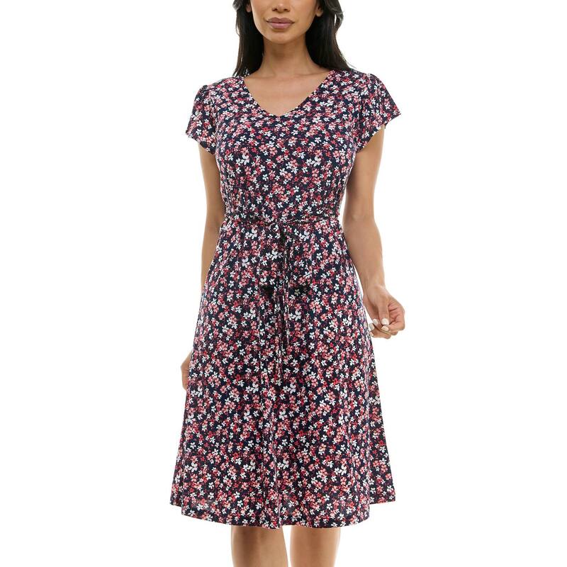 ニナレオナルド レディース トップス ワンピース Vネック キャップ Women's Nina Leonard Cap Sleeve V-Neck Dress Navy Red Multi ネイビー