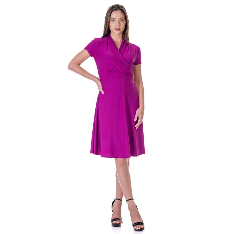 24 セブンコンフォート レディース トップス ワンピース Vネック ひざ丈 Women's 24Seven Comfort Apparel Short Sleeve Knee Length V Neck Rouched Wrap Dress Magenta マゼンタ|ReVida 店