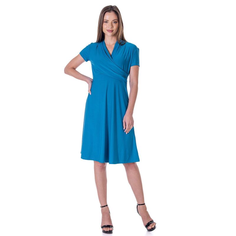 24 セブンコンフォート レディース トップス 衣裳 V首っ玉 ひざ丈 Women\u0027s 24Seven Comfort Apparel Short Sleeve Knee Length V Neck Rouched Wrap Dress Teal ティール