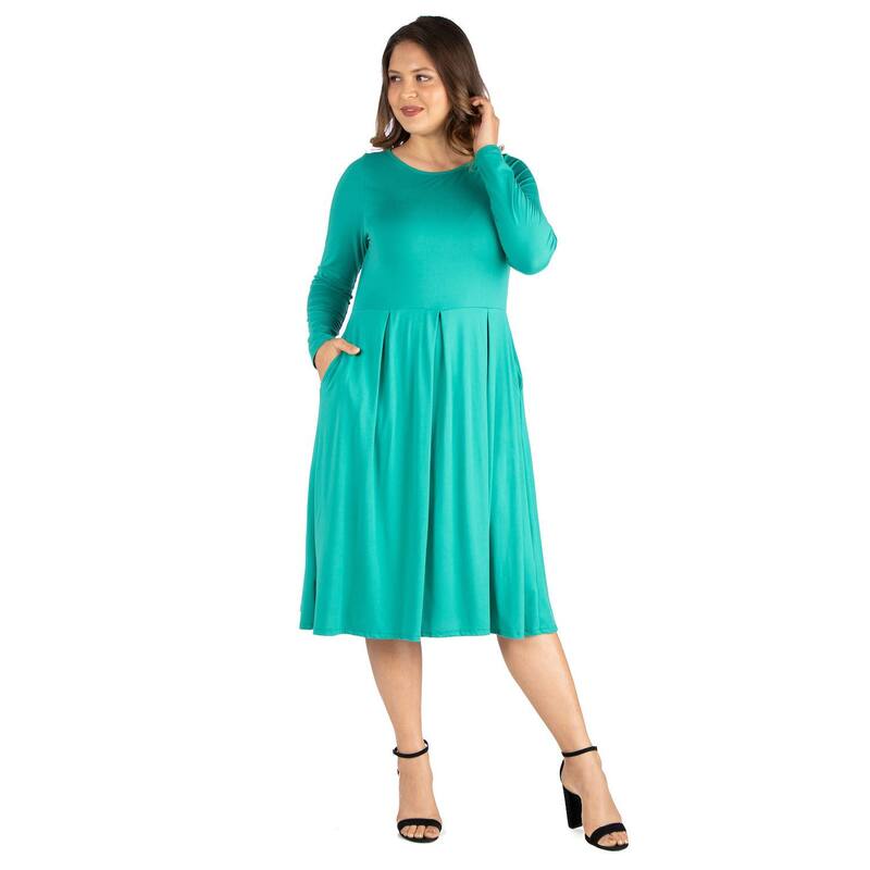 24 セブンコンフォート レディース トップス ワンピース プラスサイズ ミディ Plusize 24seven Comfort Apparelong Sleeve Fit and Flare Midi Dress Green グリーン｜ReVida 店
