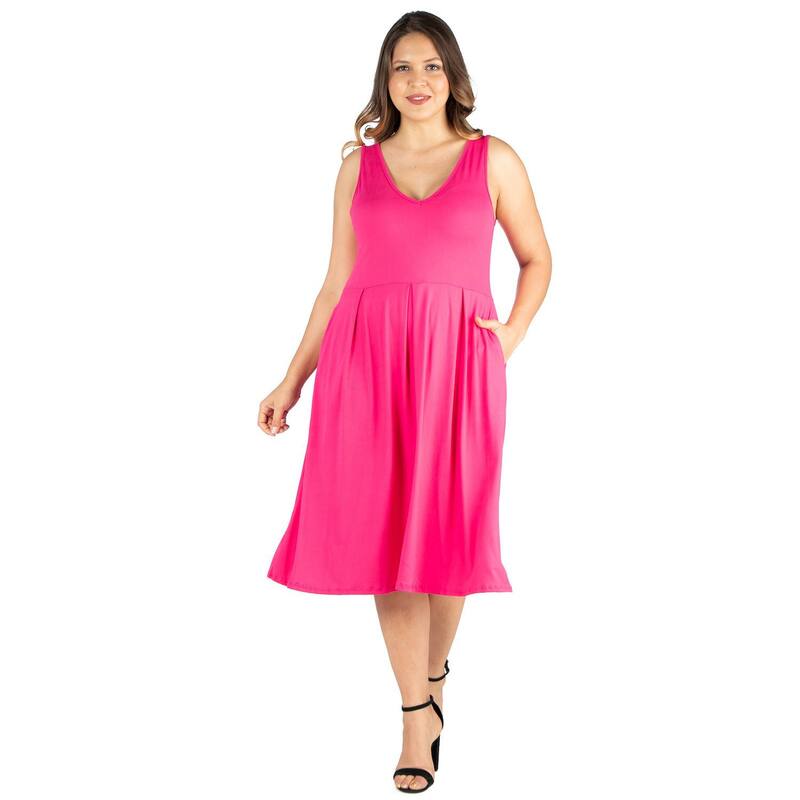 24 セブンコンフォート レディース トップス ワンピース プラスサイズ ミディ ノースリーブ Plusize 24seven Comfort Apparel Sleeveless Midi Fit and Flare Dress with Pockets Pink ピンク|ReVida 店