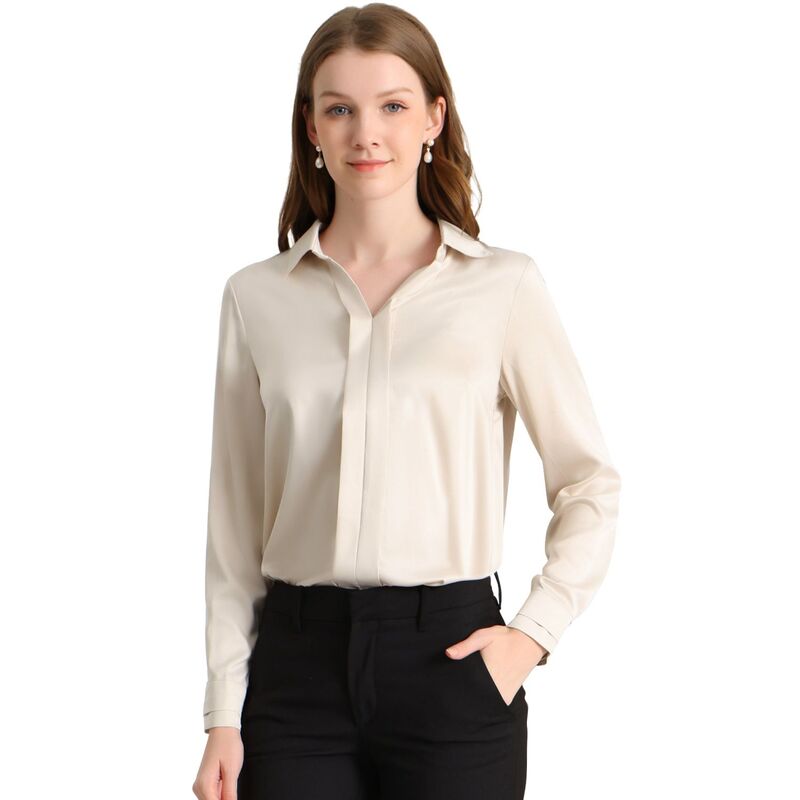 アレグラ ケー レディース トップス シャツ Vネック サテン ブラウス ALLEGRA K Women's Elegant Solid V Neck Smooth Satin Long Sleeve Blouse Apricot アプリコット|ReVida 店
