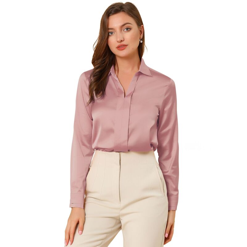 アレグラ ケー レディース トップス シャツ Vネック サテン ブラウス ALLEGRA K Women's Elegant Solid V Neck Smooth Satin Long Sleeve Blouse Dusty Pink ピンク|ReVida 店