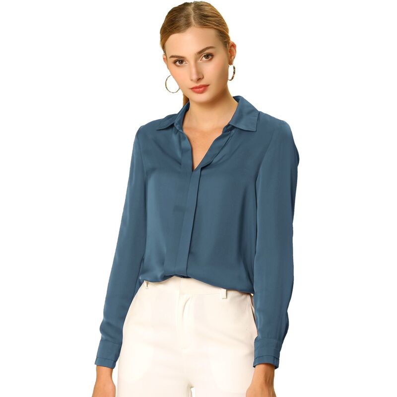 アレグラ ケー レディース トップス シャツ Vネック サテン ブラウス ALLEGRA K Women's Elegant Solid V Neck Smooth Satin Long Sleeve Blouse Gray Blue グレー|ReVida 店