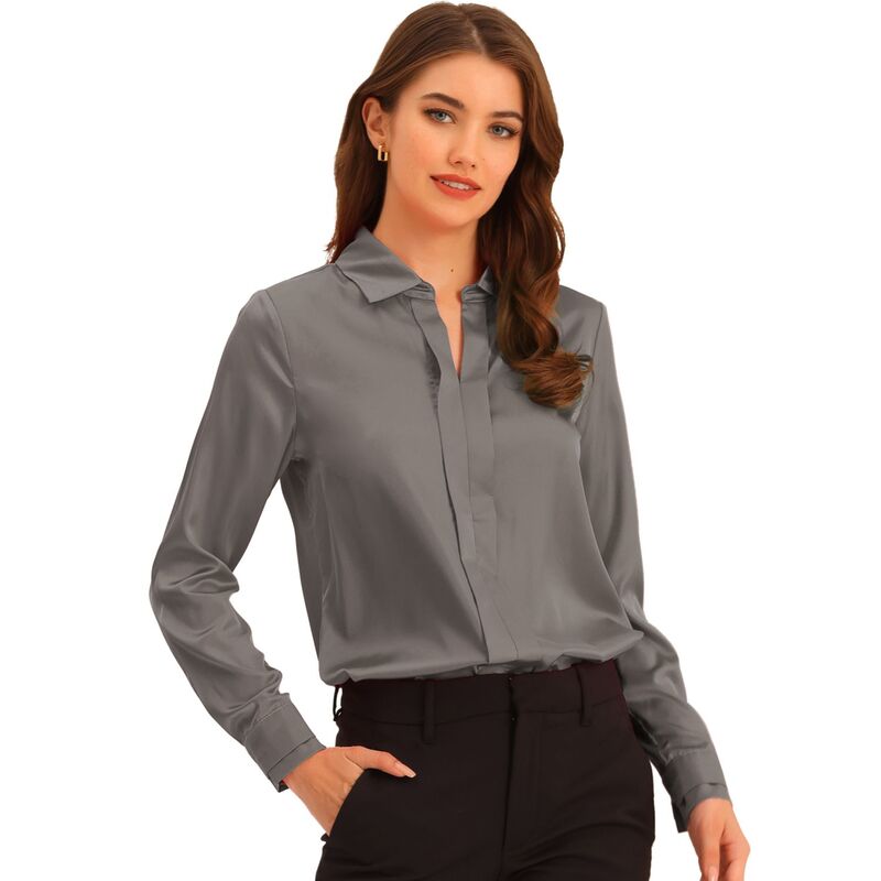 アレグラ ケー レディース トップス シャツ Vネック サテン ブラウス ALLEGRA K Women's Elegant Solid V Neck Smooth Satin Long Sleeve Blouse Grey グレー
