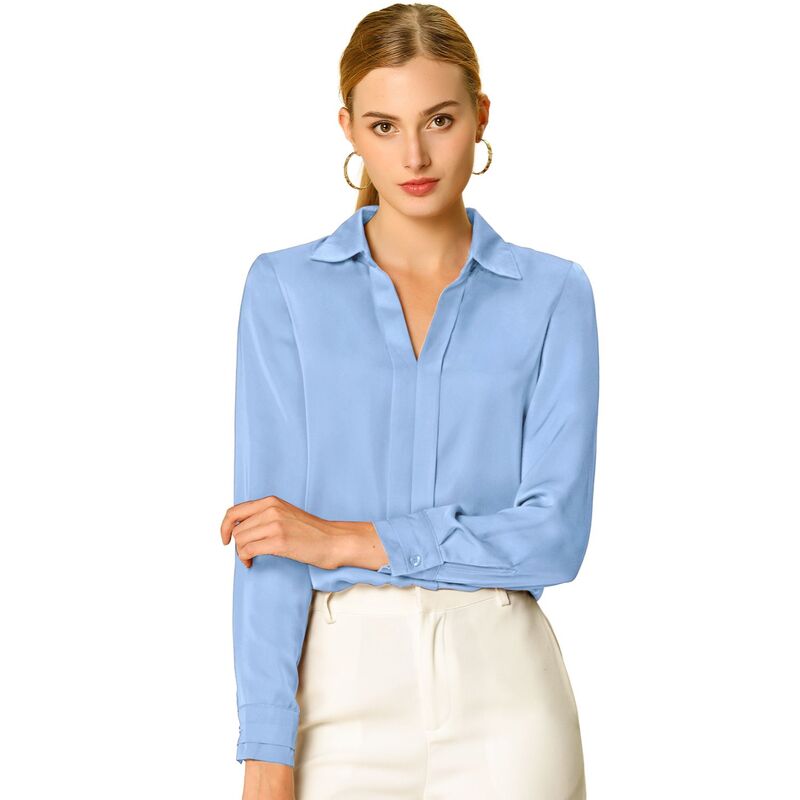 アレグラ ケー レディース トップス シャツ Vネック サテン ブラウス ALLEGRA K Women's Elegant Solid V Neck Smooth Satin Long Sleeve Blouse Light Blue ブルー｜ReVida 店