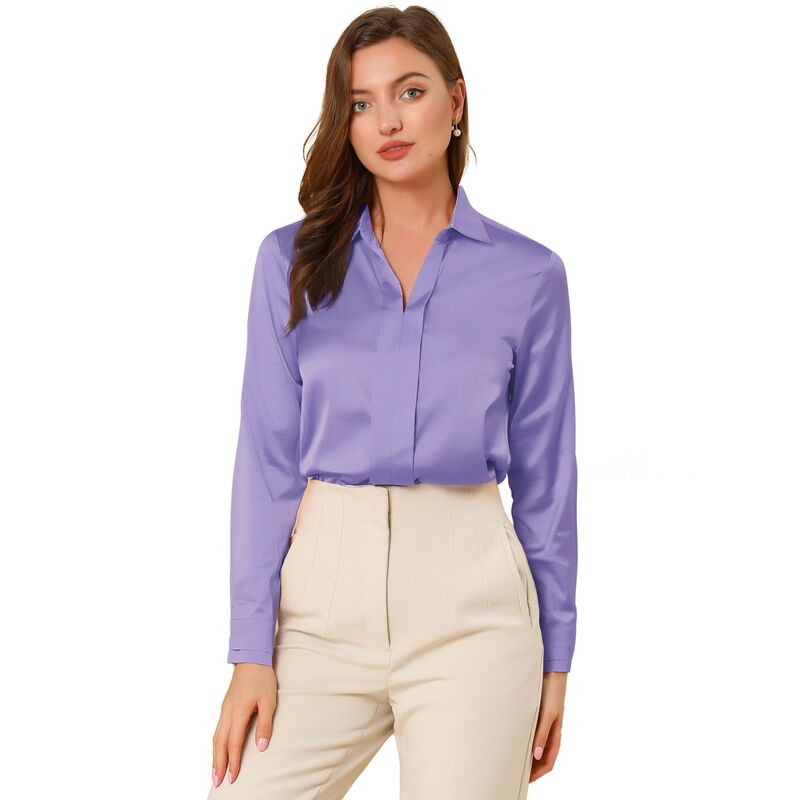 アレグラ ケー レディース トップス シャツ Vネック サテン ブラウス ALLEGRA K Women's Elegant Solid V Neck Smooth Satin Long Sleeve Blouse Purple パープル