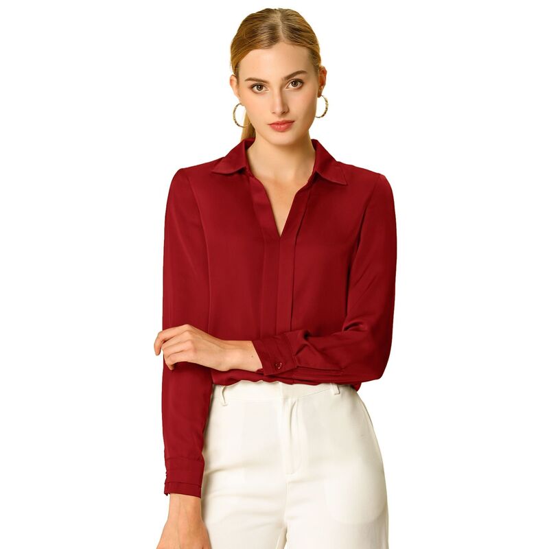 アレグラ ケー レディース トップス シャツ Vネック サテン ブラウス ALLEGRA K Women's Elegant Solid V Neck Smooth Satin Long Sleeve Blouse Red レッド