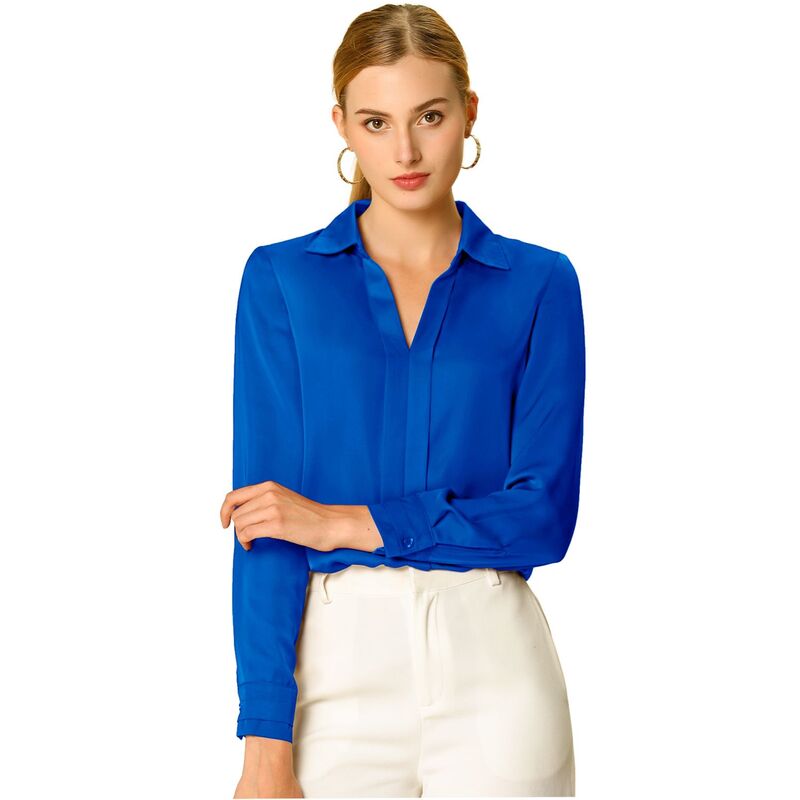 アレグラ ケー レディース トップス シャツ Vネック サテン ブラウス ALLEGRA K Women's Elegant Solid V Neck Smooth Satin Long Sleeve Blouse Royal Blue ブルー