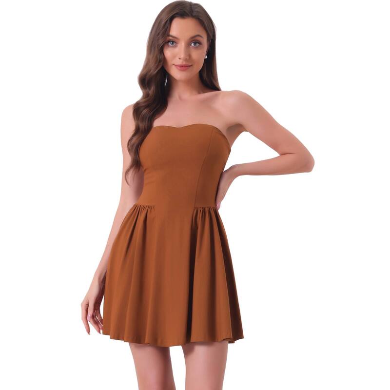 アレグラ ケー レディース トップス ワンピース ミニ ストラップレス ALLEGRA K Women's Prom Strapless Exposed Zipper Mini Flare Tube Top Dress Brown ブラウン