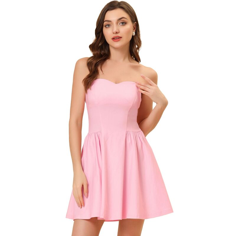 アレグラ ケー レディース トップス ワンピース ミニ ストラップレス ALLEGRA K Women's Prom Strapless Exposed Zipper Mini Flare Tube Top Dress Pink ピンク