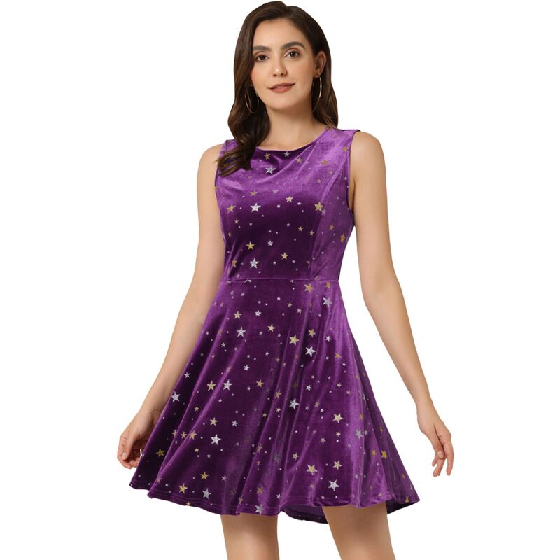 アレグラ ケー レディース トップス ワンピース ミニ ベルベット ノースリーブ ALLEGRA K Women'stars Velvet Round Neck Sleeveless Mini Dress Dark Purple パープル