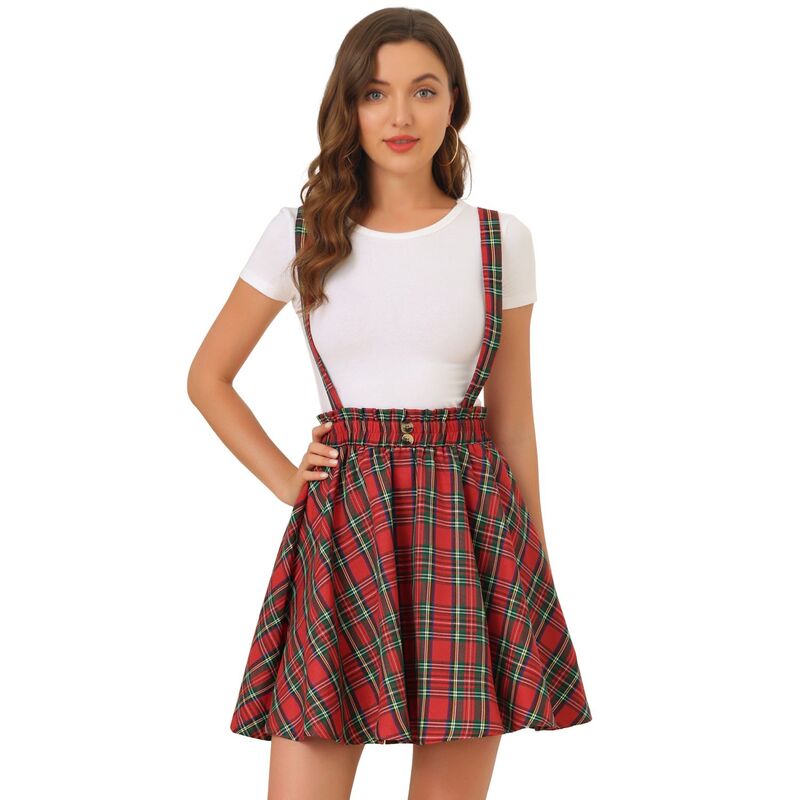 アレグラ ケー レディース ボトムスカート ミニ ALLEGRA K Women'suspender Skirtartan Plaid Button Decor Skater Mini Skirts Red Green レッド