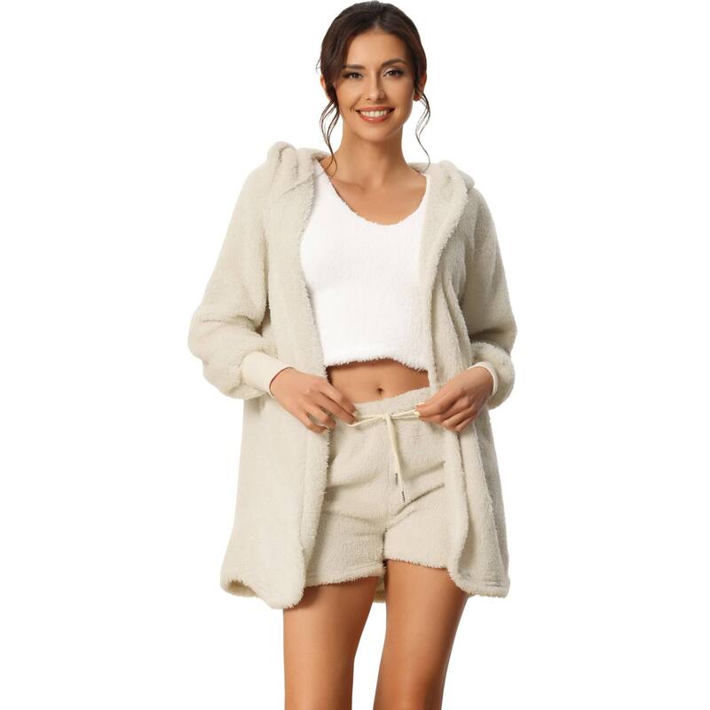 cheibear レディース アンダーウェア ナイトウェア ショートパンツ コート フリース ジャケット cheibear Womens Fuzzy Fleece 3 Piece Outfits Coat Jacket And Crop Top With Shorts Lounge Set White ホワイト｜ReVida 店