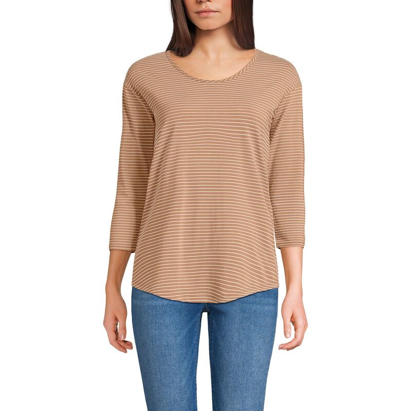 ランズ挙げ句の果て レディース トップス プルオーバー プルオーバー Lands\u0027 End Women\u0027s Lands End Lightweight Jersey Tunic Top Camel Thin Stripe 駱駝