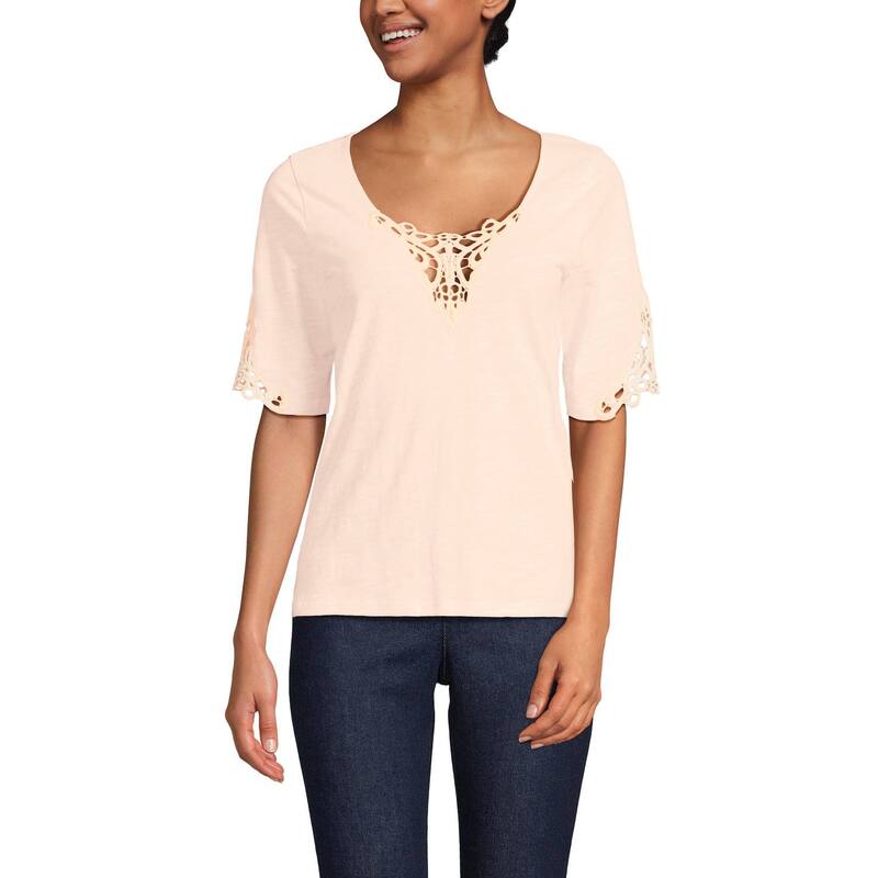 ランズエンド レディース トップス Tシャツ レーストリム レース Women's Lands' End Elbow Sleeve Slub Lace Trim T-Shirt Pink Opal ピンク