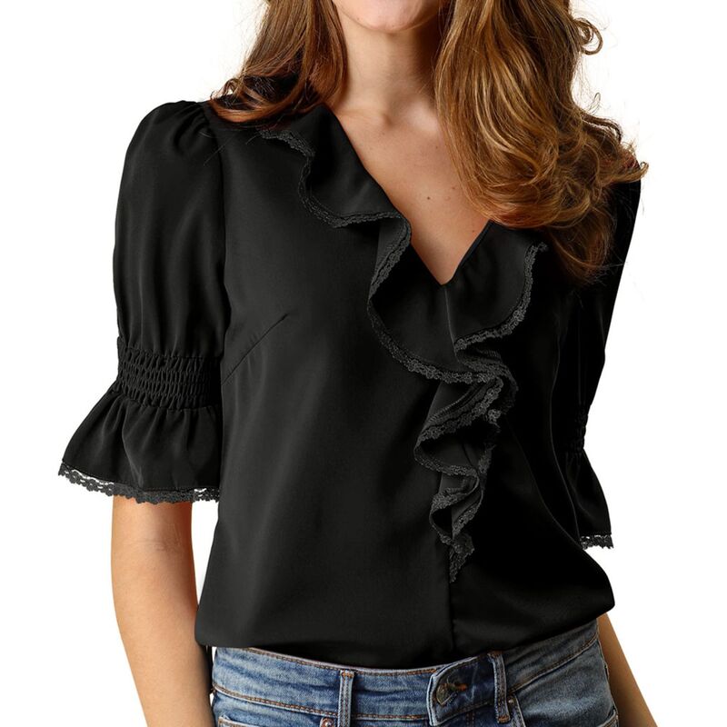 アレグラ ケー レディース トップス シャツ Vネック シフォン フリル ブラウス ALLEGRA K Women's Ruffled V Neck Blouse Half Bell Sleeve Casual Chiffon Top Black ブラック