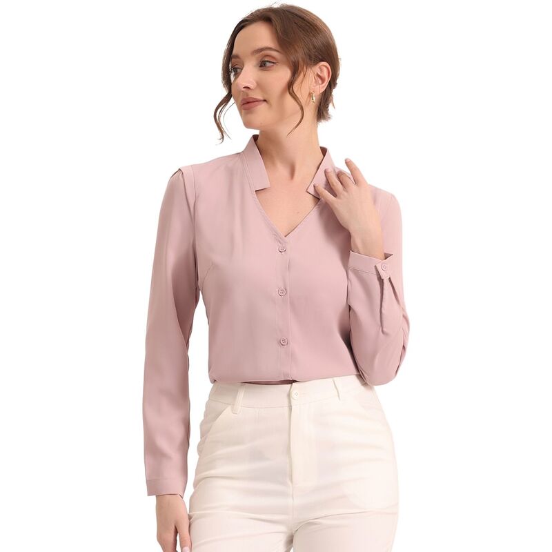 アレグラ ケー レディース トップス シャツ Vネック ボタンダウン ALLEGRA K Women's Elegant V Neck Long Sleeves Button Down Shirt Grey Pink グレー