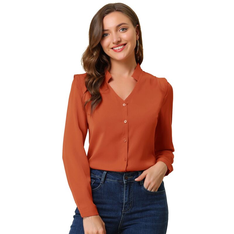 アレグラ ケー レディース トップス シャツ Vネック ボタンダウン ALLEGRA K Women's Elegant V Neck Long Sleeves Button Down Shirt Orange Brown オレンジ｜ReVida 店
