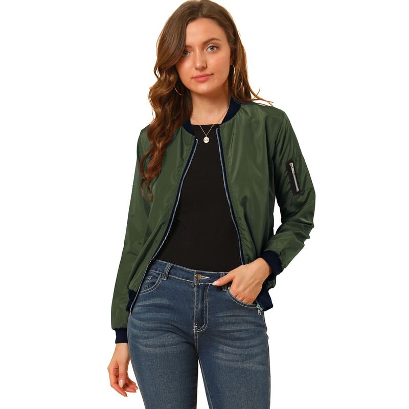 アレグラ ケー レディース アウター ジャケット・ブルゾン ALLEGRA K Women'standing Collar Full Zip Up Short Bomber Jacket Dark Green グリーン