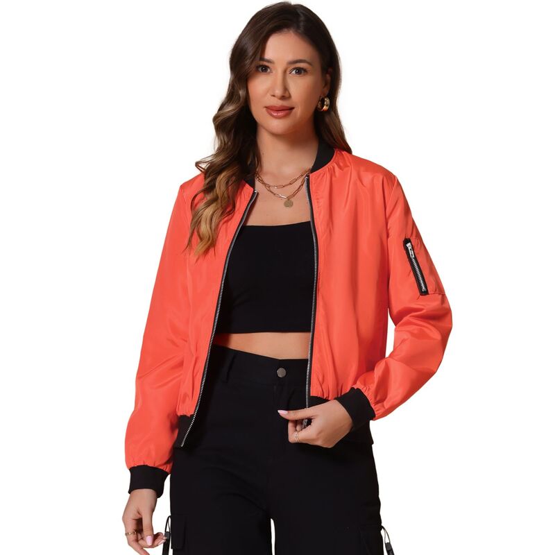 アレグラ ケー レディース アウター ジャケット・ブルゾン ALLEGRA K Women'standing Collar Full Zip Up Short Bomber Jacket Orange オレンジ｜ReVida 店 9,926円