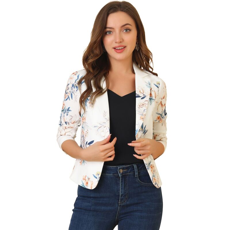 アレグラ ケー レディース アウター ジャケット・ブルゾン フラワー柄 プリント ブレザー フラワー ALLEGRA K Women's Open Front Floral Print Blazer White Floral ホワイト|ReVida 店