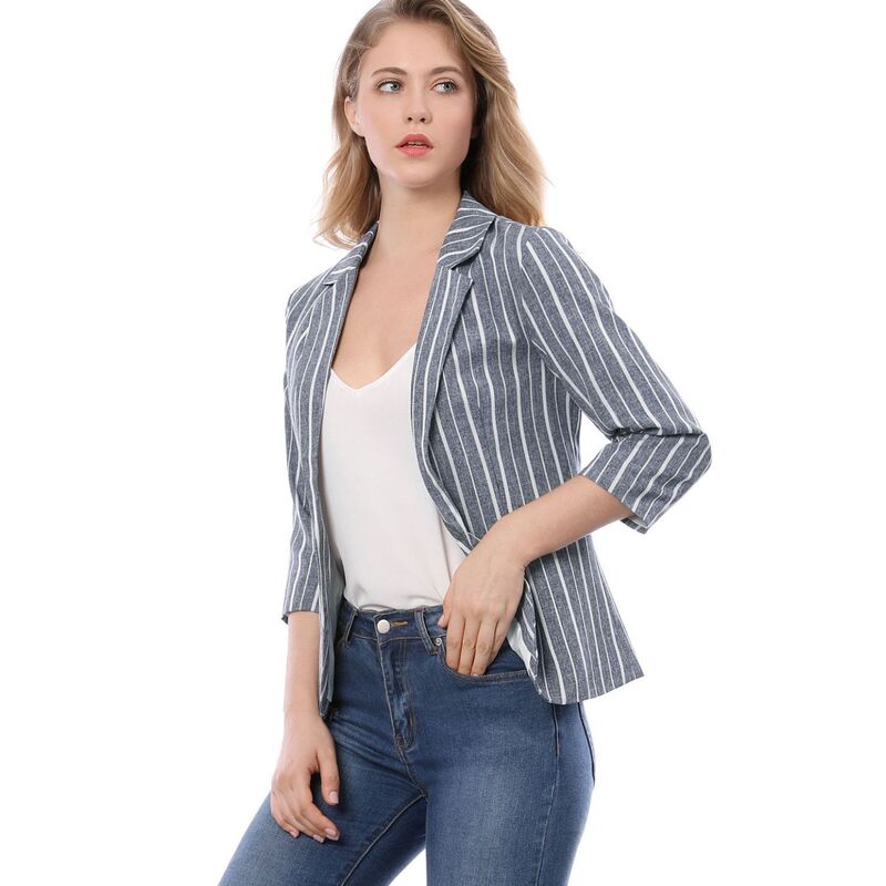 アレグラ ケー レディース アウター ジャケット・ブルゾン ブレザー ALLEGRA K Women'striped 3/4 Sleeves Open Front Blazer Blue ブルー｜ReVida 店