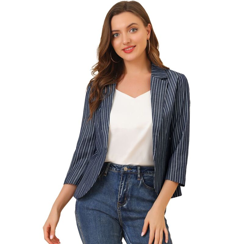 アレグラ ケー レディース アウター ジャケット・ブルゾン ブレザー ALLEGRA K Women'striped 3/4 Sleeves Open Front Blazer Dark Blue ブルー|ReVida 店