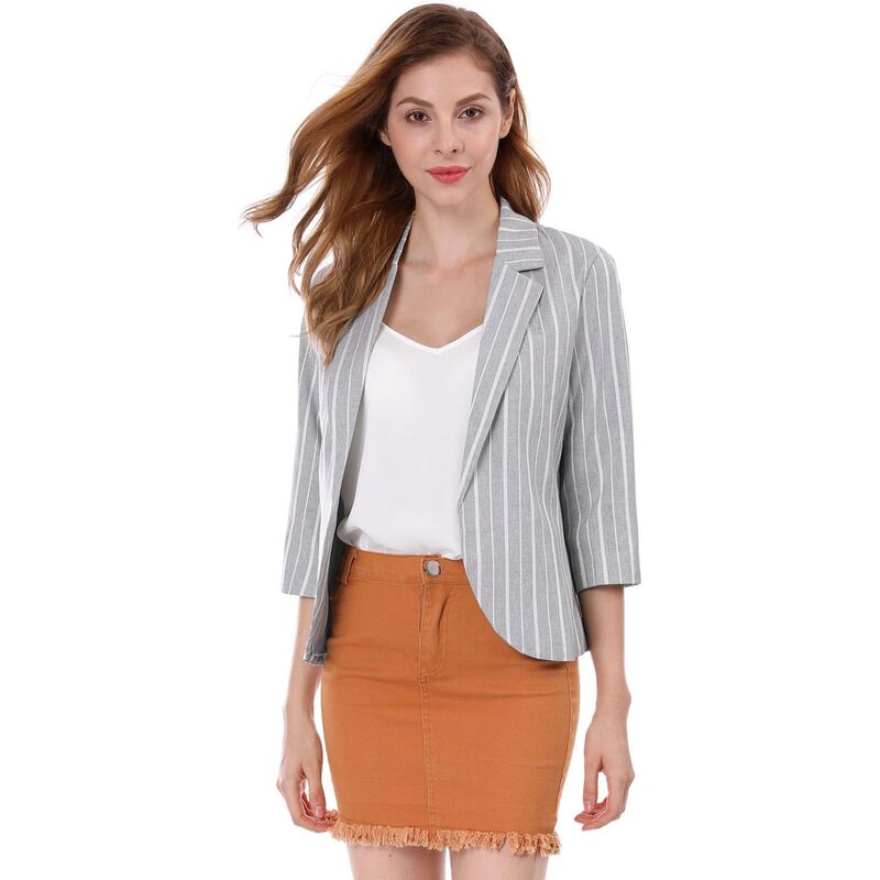 アレグラ ケー レディース アウター ジャケット・ブルゾン ブレザー ALLEGRA K Women'striped 3/4 Sleeves Open Front Blazer Gray グレー|ReVida 店