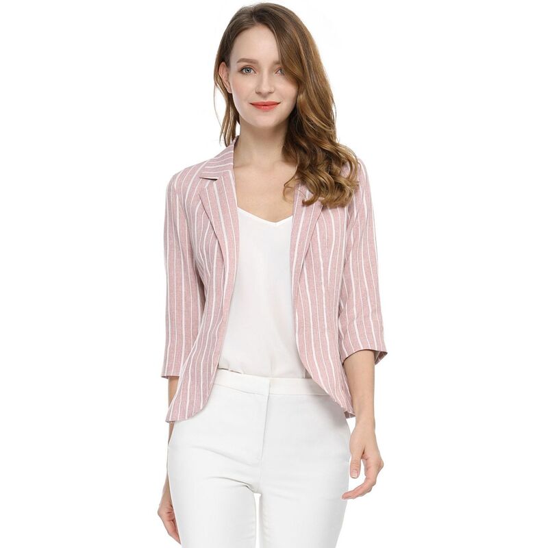 アレグラ ケー レディース アウター ジャケット・ブルゾン ブレザー ALLEGRA K Women'striped 3/4 Sleeves Open Front Blazer Pink ピンク｜ReVida 店