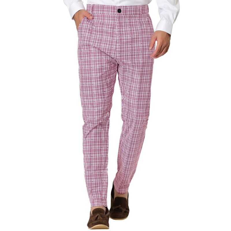 Lars Amadeus メンズ ボトムス カジュアルパンツ プリント Lars Amadeus Men's Dress Plaid Printed Business Checked Pants Pink ピンク