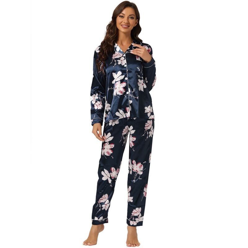 cheibear レディース アンダーウェア ナイトウェア シャツ サテン cheibear Women's Pajama Sleep Shirt Nightwear Sleepwear Lounge Satin Pj Sets Navy Blue ネイビー