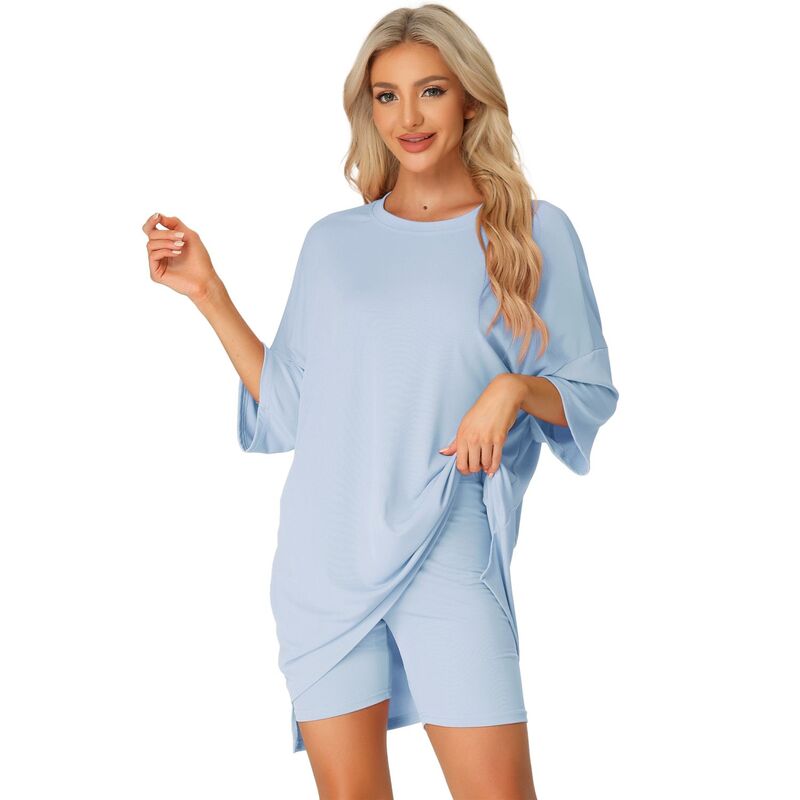 cheibear レディース アンダーウェア ナイトウェア Tシャツ ショートパンツ cheibear Women's 2 Piece Lounge Sets Outfits T-shirt Shortsleepwear Loungewear Sweatsuits Light Blue ブルー｜ReVida 店