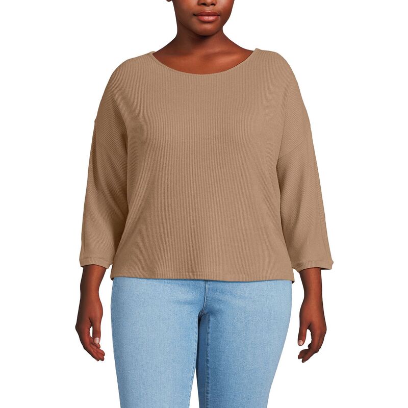 ランズエンド レディース トップス Tシャツ プラスサイズ Plusize Lands' End 3/4 Sleeve Cozy Rib Dolman Top Coriander Heather ヘザー｜ReVida 店