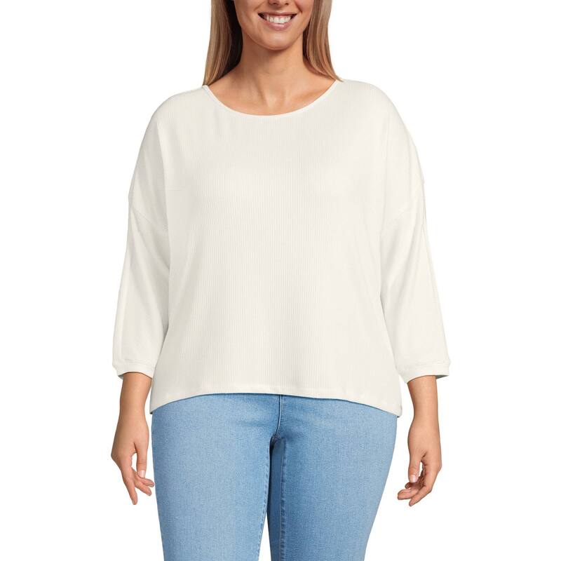 ランズエンド レディース トップス Tシャツ プラスサイズ Plusize Lands' End 3/4 Sleeve Cozy Rib Dolman Top Ivory Heather アイボリー