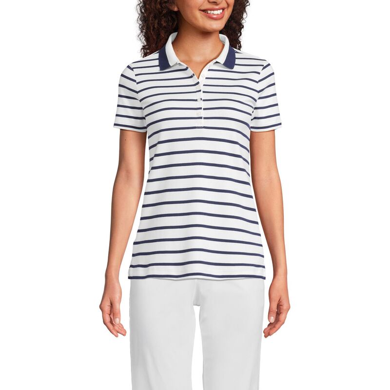 ランズエンド レディース トップス Tシャツ ポロシャツ プチ コットン Petite Lands' End Supima Cotton Short Sleeve Polo Shirt White Navy Stripe ホワイト