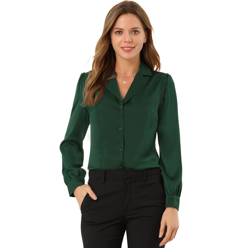 アレグラ ケー レディース トップス シャツ ボタンダウン サテン ダウン ブラウス ALLEGRA K Women's Elegant Collar Blouse Long Sleeve Work Office Satin Button Down Shirt Green グリーン