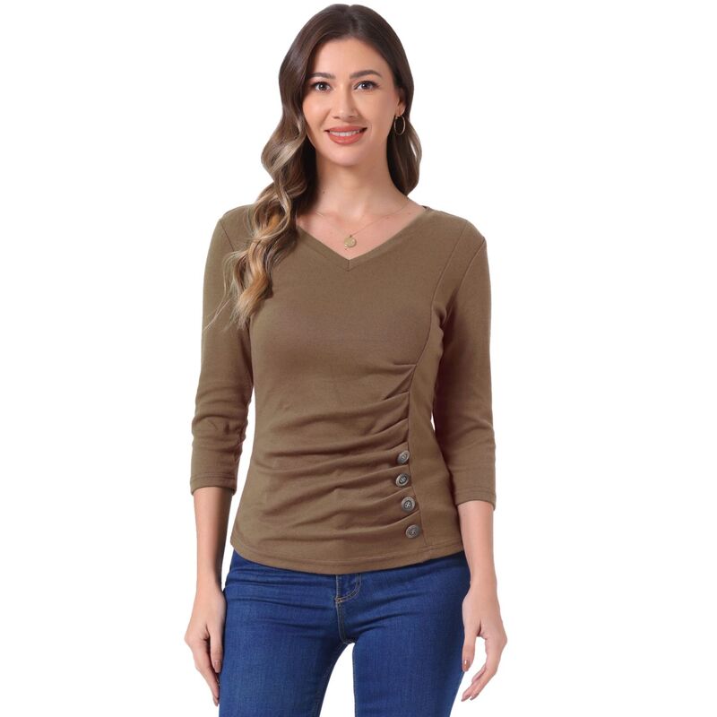 アレグラ ケー レディース トップス シャツ Vネック ギャザー ブラウス ニット ALLEGRA K Women's Decorative Button V Neck 3/4 Sleeve Solid Blouse Knit Ruched Top Darkhaki カーキ