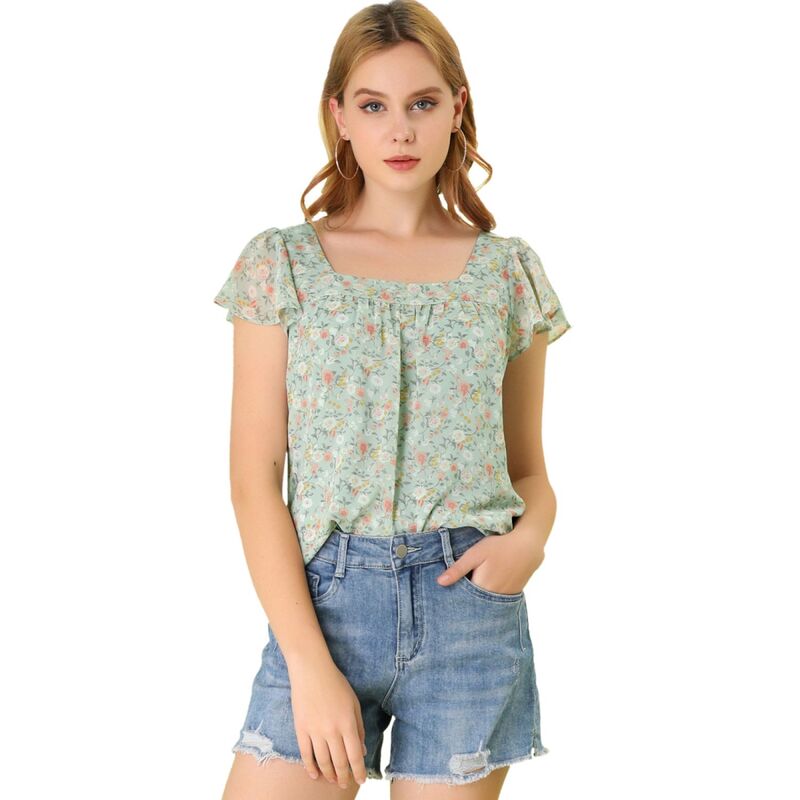 アレグラ ケー レディース トップス シャツ ヴィンテージ シフォン フラワー柄 プリント フリル ブラウス フラワー ALLEGRA K Women's Chiffon Ruffle Sleeve Vintage Layered Floral Print Blouse Top Green グリーン|ReVida 店