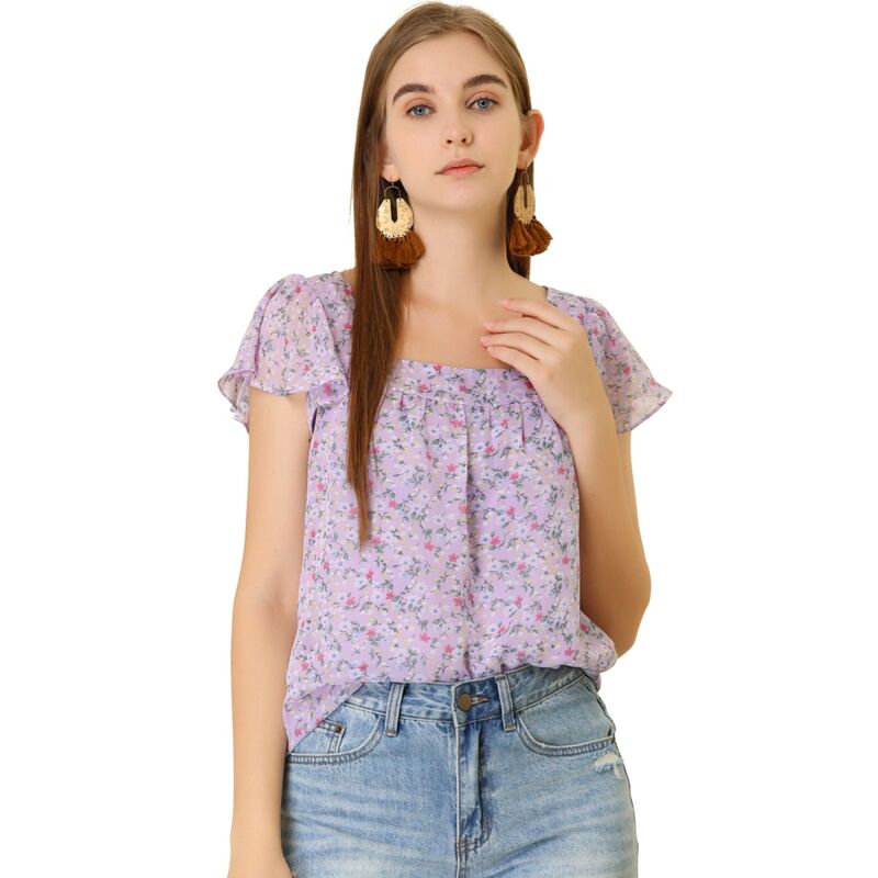 アレグラ ケー レディース トップス シャツ ヴィンテージ シフォン フラワー柄 プリント フリル ブラウス フラワー ALLEGRA K Women's Chiffon Ruffle Sleeve Vintage Layered Floral Print Blouse Topurple パープル