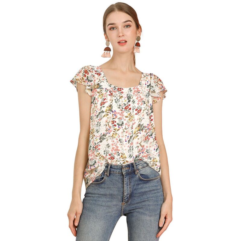 アレグラ ケー レディース トップス シャツ ヴィンテージ シフォン フラワー柄 プリント フリル ブラウス フラワー ALLEGRA K Women's Chiffon Ruffle Sleeve Vintage Layered Floral Print Blouse Top White ホワイト