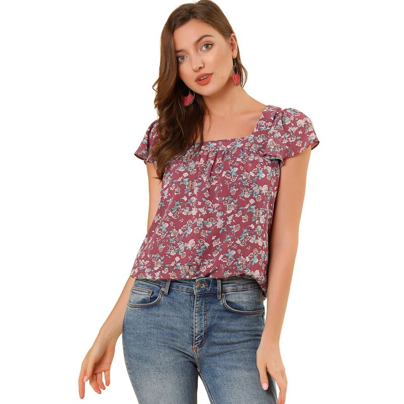 アレグラ ケー レディース トップス シャツ ヴィンテージ シフォン フラワー柄 プリント フリル ブラウス フラワー ALLEGRA K Women's Chiffon Ruffle Sleeve Vintage Layered Floral Print Blouse Top Wine Red レッド