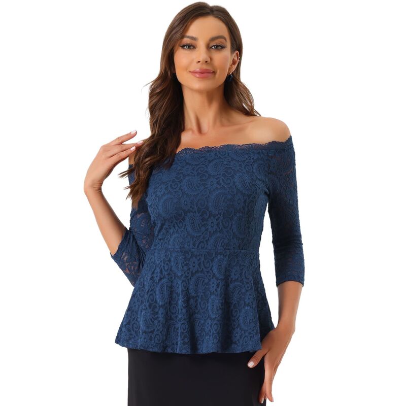 アレグラ ケー レディース トップス シャツ セミシアー ブラウス レース ALLEGRA K Elegant Lace Blouse For Women'semi Sheer 3/4 Sleeve Off Shoulder Peplum Top Dark Blue ブルー