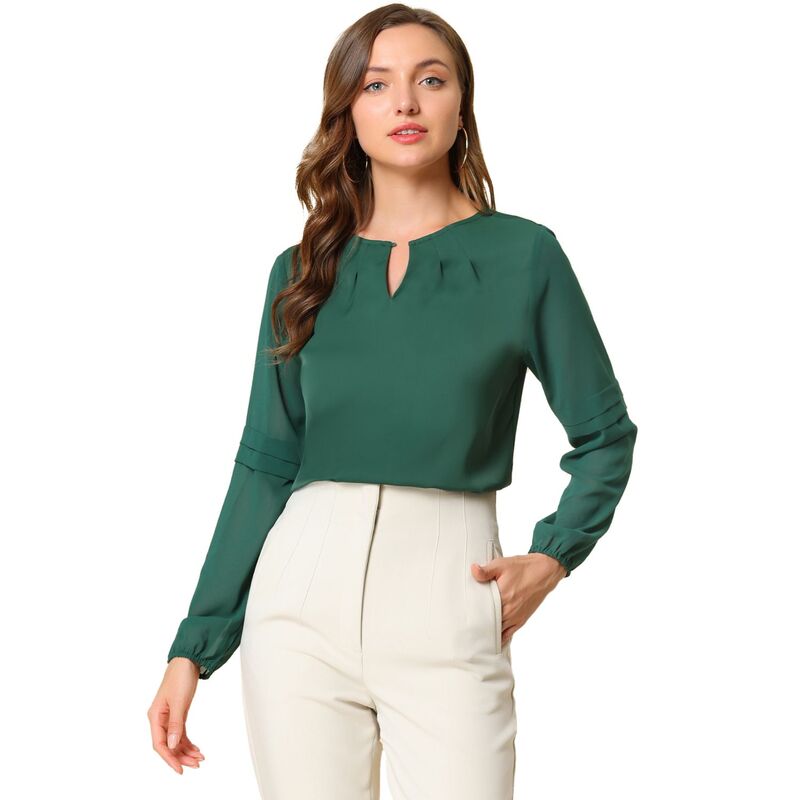 アレグラ ケー レディース トップス シャツ セミシアー シフォン シアー ブラウス ALLEGRA K Women's Work Tops Chiffon Shirt Semi Sheer Keyhole Neck Elegant Blouse Dark Green グリーン|ReVida 店