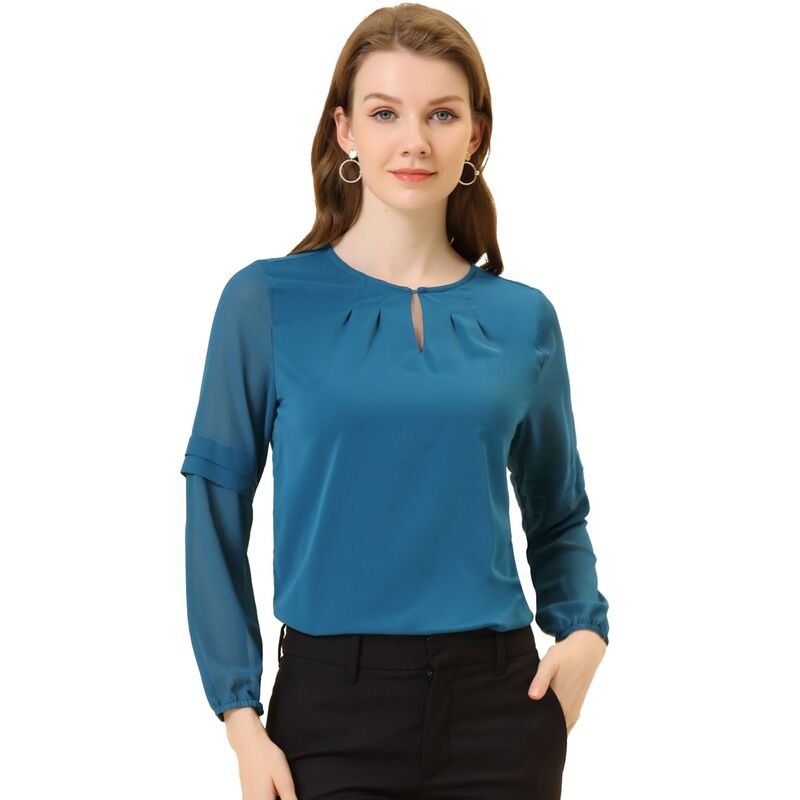 アレグラ ケー レディース トップス シャツ セミシアー シフォン シアー ブラウス ALLEGRA K Women's Work Tops Chiffon Shirt Semi Sheer Keyhole Neck Elegant Blouse Lake Blue ブルー|ReVida 店