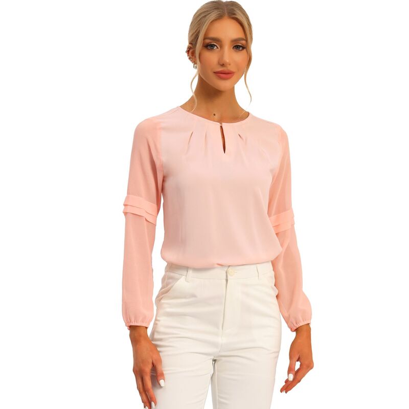 アレグラ ケー レディース トップス シャツ セミシアー シフォン シアー ブラウス ALLEGRA K Women's Work Tops Chiffon Shirt Semi Sheer Keyhole Neck Elegant Blouse Light Pink ピンク|ReVida 店