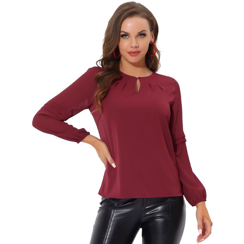 アレグラ ケー レディース トップス シャツ セミシアー シフォン シアー ブラウス ALLEGRA K Women's Work Tops Chiffon Shirt Semi Sheer Keyhole Neck Elegant Blouse Wine Red レッド｜ReVida 店